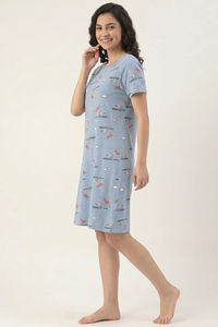 Zivame Farm Lore Knit Cotton Knee Length Nightdress - Ashley Blue — thumbnail 2
